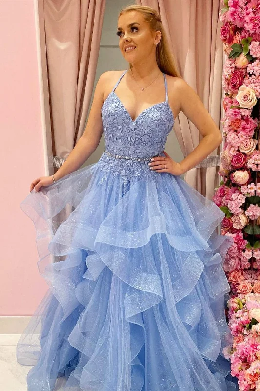 Princess Sky Blue Tiered Tulle Prom Dress with Appliques Pink Tulle Dress