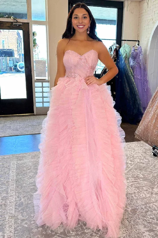 Princess Sweetheart Pink Ruffle Tulle Long Prom Dress Elegant Tulle Dress