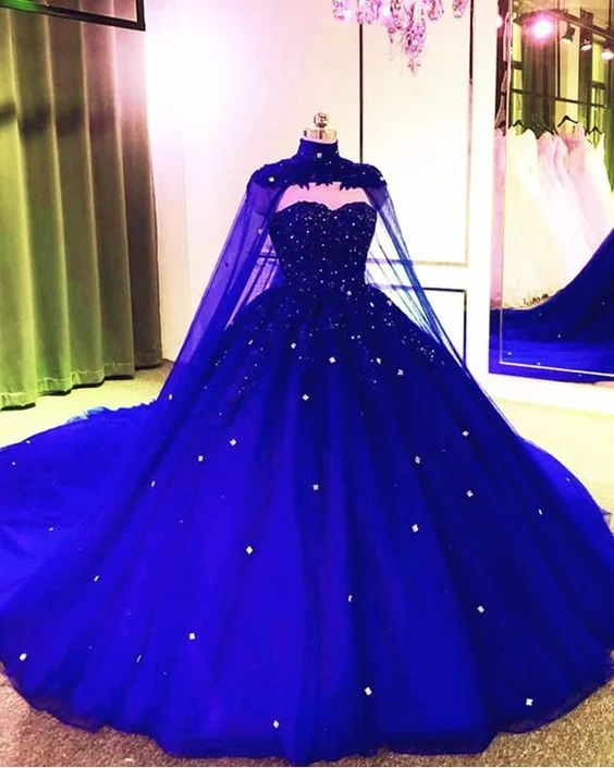 Royal Blue Tulle Ball Gown Prom Dress With Cape  S8255 Stylish Tulle Dress