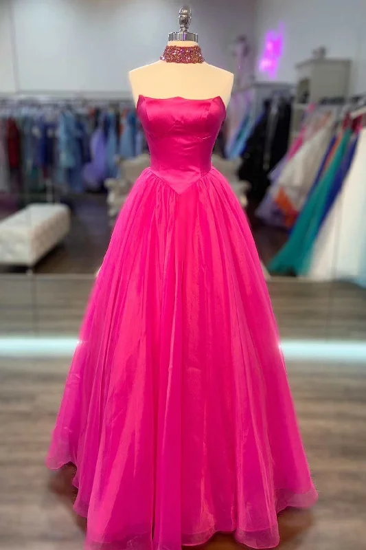 Simple Hot Pink Strapless Tulle Prom Dress with Pockets Fluffy Tulle Dress