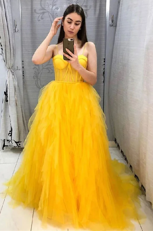 Spaghetti Straps Yellow Tulle Long Formal Dress Tulle Dress Trend