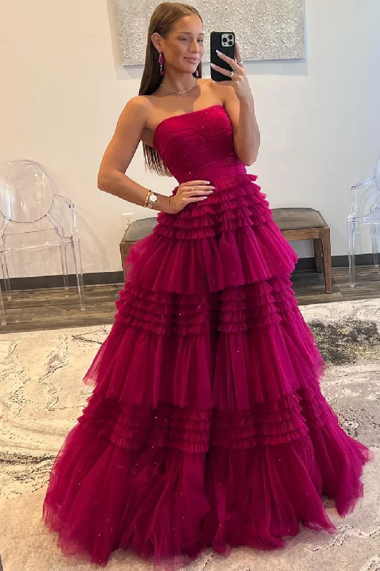 Strapless Fuchsia Pleated Tiered Tulle Prom Dress with Slit Tulle Dress Twirl