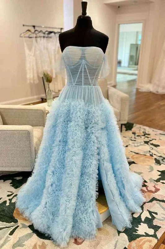 Strapless Light Blue Ruffle Tulle A-Line Prom Dress with Sheer Mesh White Tulle Dress