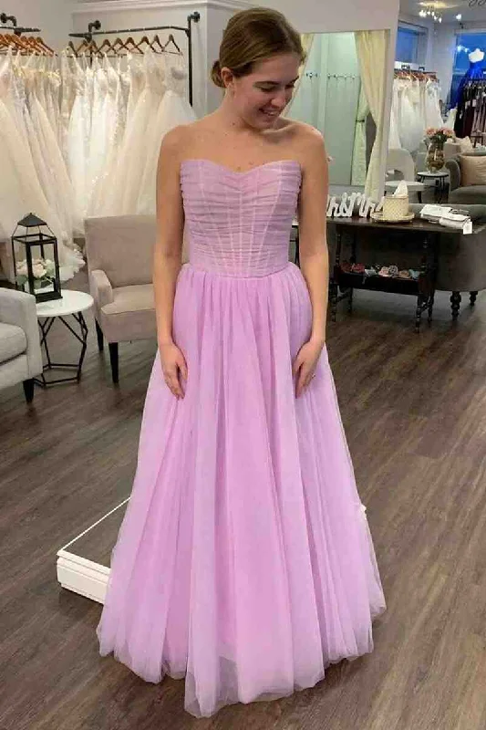 Strapless Lilac Pleated Top Tulle Long Prom Dress Pink Tulle Gown