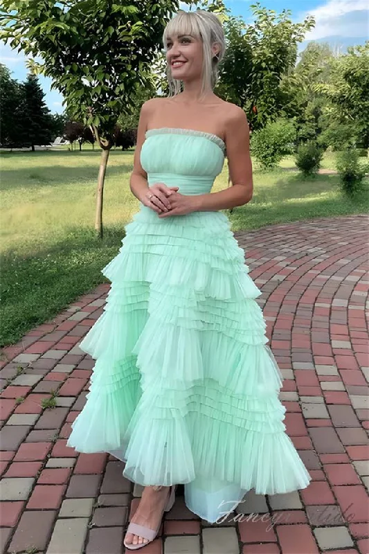 Strapless Mint Green Tulle Tiered A-Line Prom Dress Tulle Dress Glamour