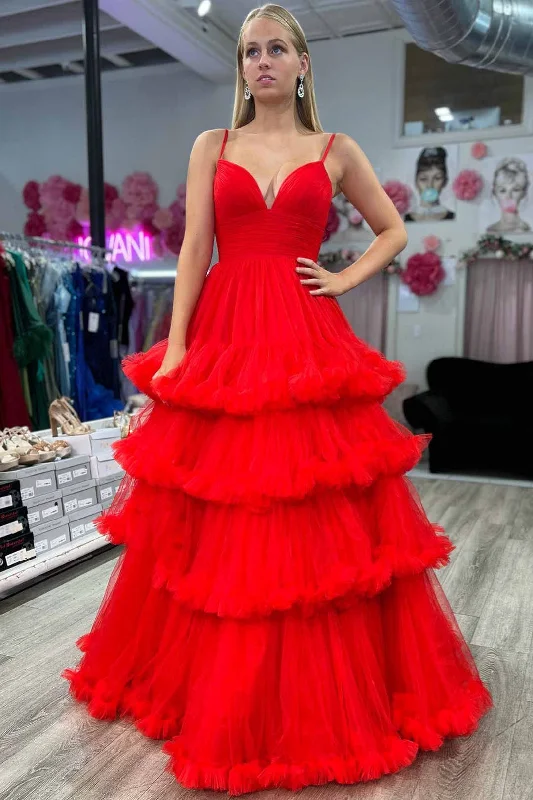 Straps Red Corset Tiered Tulle Long Formal Dress Romantic Tulle Dress