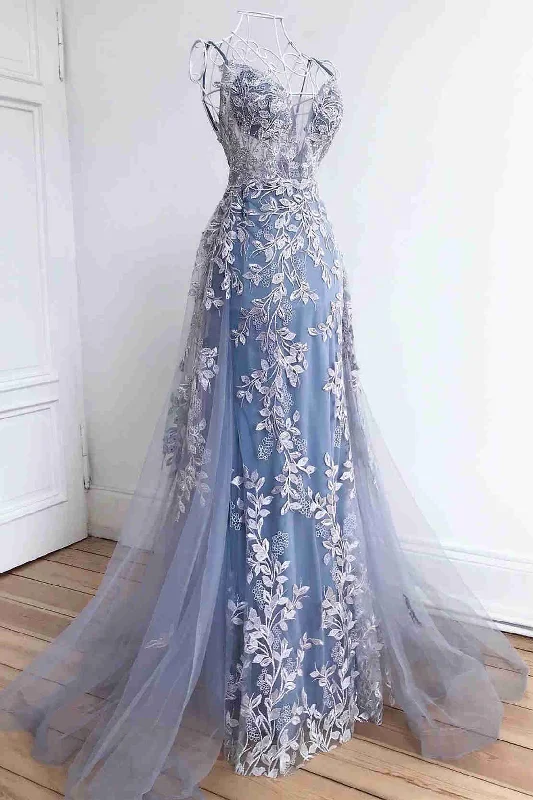 Stunning Dsuty Blue Tulle Long Formal Dress with Appliques Bohemian Tulle Dress