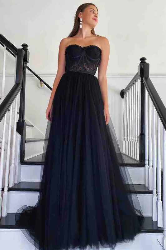 Sweetheart Black Corset Lace Tulle Long Prom Dress Tulle Dress Shine