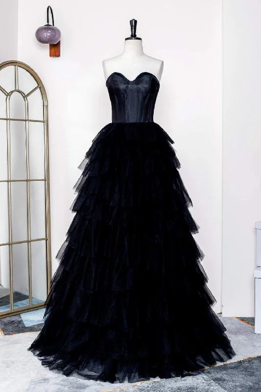 Sweetheart Black Layered Tulle A-Line Prom Dress Blue Tulle Dress