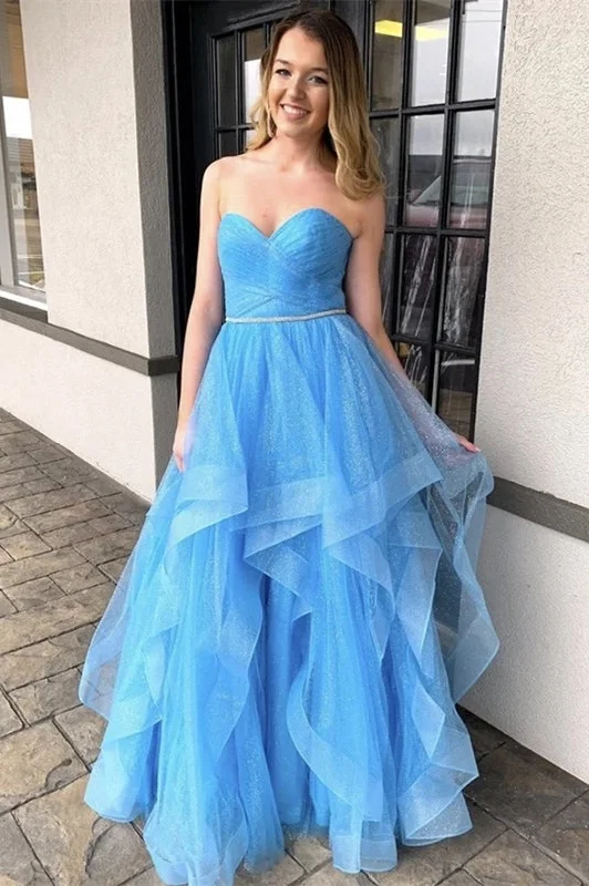 Sweetheart Blue Tulle Long Prom Dress with Ruffles Tulle Evening Gown