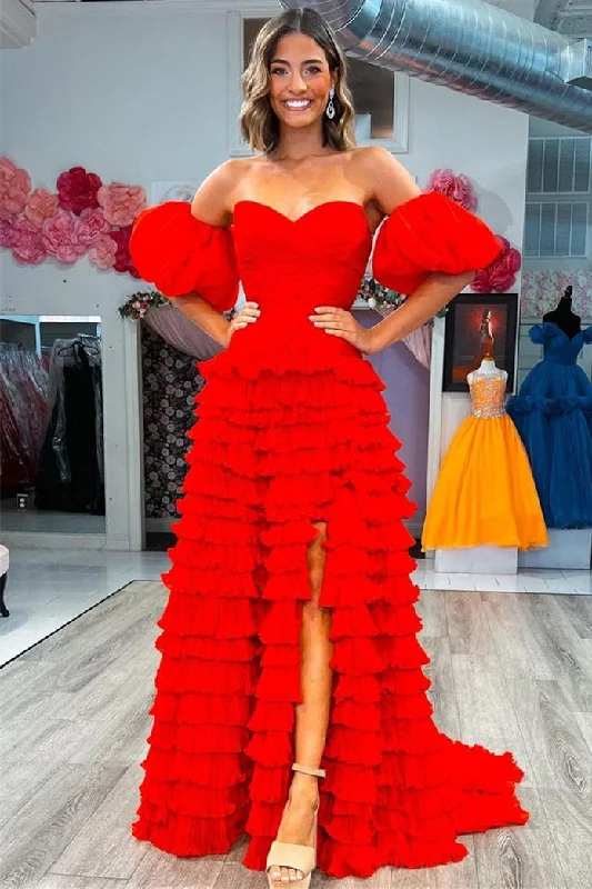 Sweetheart Red Tiered Tulle Prom Dress with Balloon Sleeves Boho Tulle Dress