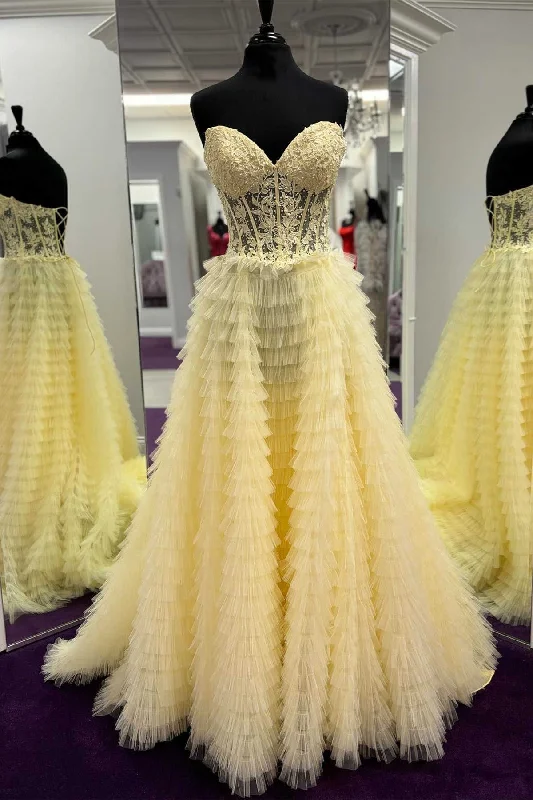 Sweetheart Yellow Lace Corset Tiered Tulle Prom Dress Tulle Wedding Gown