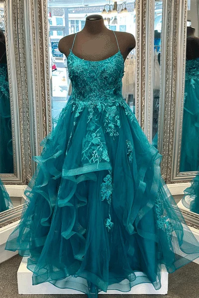 Teal Scoop Neck Straps Appliques Tiered Tulle Long Prom Dress Tulle Dress Fashion