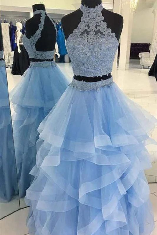 Two Piece High Neck Blue Lace and Tulle Prom Dress Tulle Dress Sparkly