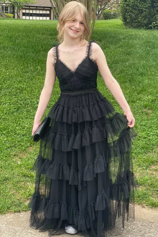 V-Neck Black Layered Tulle A-Line Prom Dress Tulle Cocktail Dress