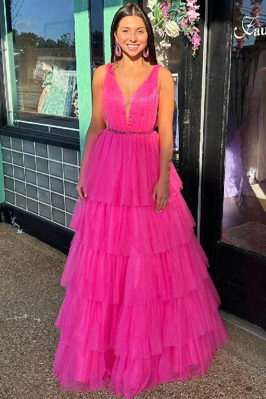 V-Neck Hot Pink Beaded Waist Tulle Long Prom Dress Party Tulle Dress