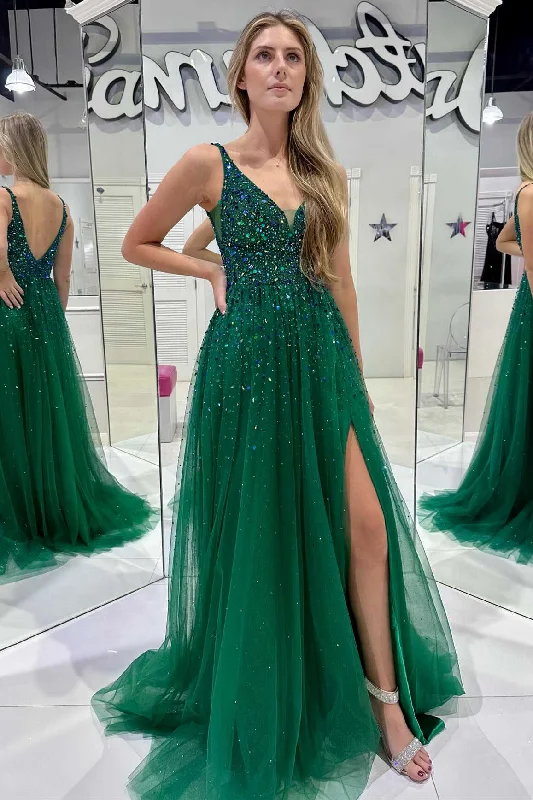 V-Neck Hunter Green Beaded Tulle Prom Dress with Slit Boho Chic Tulle