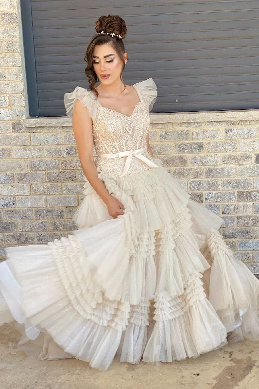 V-Neck Ivory Appliques Tiered Tulle Prom Dress with Flying Sleeves Casual Tulle Dress