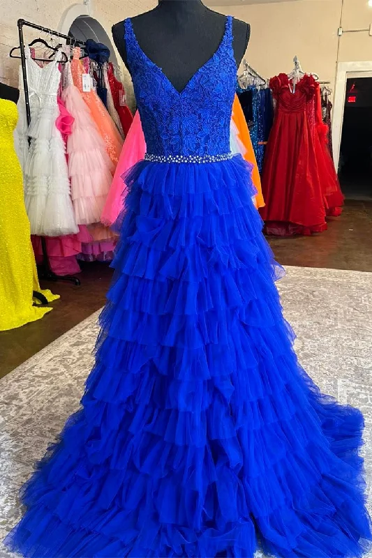 V-Neck Royal Blue Appliques Ruffle Tulle Prom Dress Pretty Tulle Dress